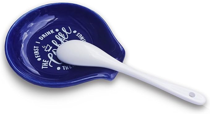 Littlefa Coffee Spoon Rest Holder-Coffee Bar Accessories-Navy Blue | Funny Ceramic Coffee Spoon Rest for Coffee Bar Accessories Essentials, But First I Drink Sign Coffee Lovers Gifts