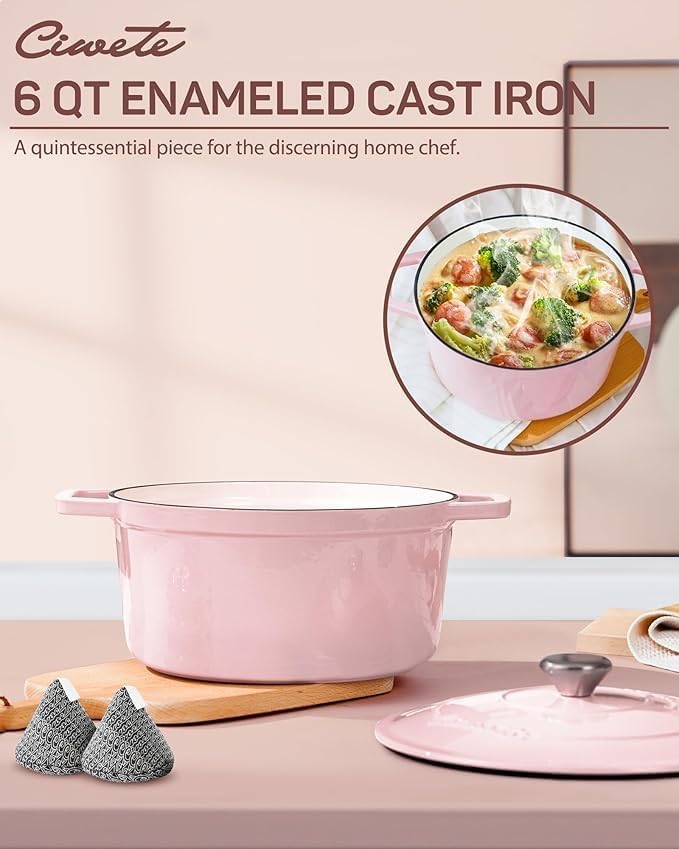 6 QT Dutch Oven Pot with Lid, Enameled Cast Iron Dutch Oven for Bread Making, Braiser, Cooking, Dual Handles, Oven Safe up to 500° F or on Stovetop, Gifts for Family - Pink