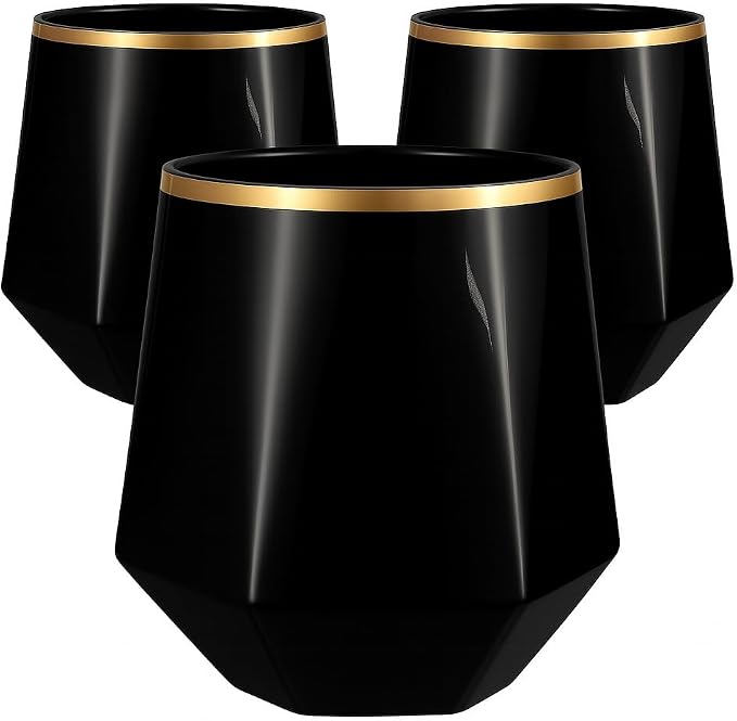 Oojami 40 Pack Diamond-Shaped Disposable Plastic Wine Glasses, 12 oz Stemless Cups for Champagne, Whiskey, Cocktails, Party Drinkware for Weddings, Bars, Events, Diamond Black Matte Gold