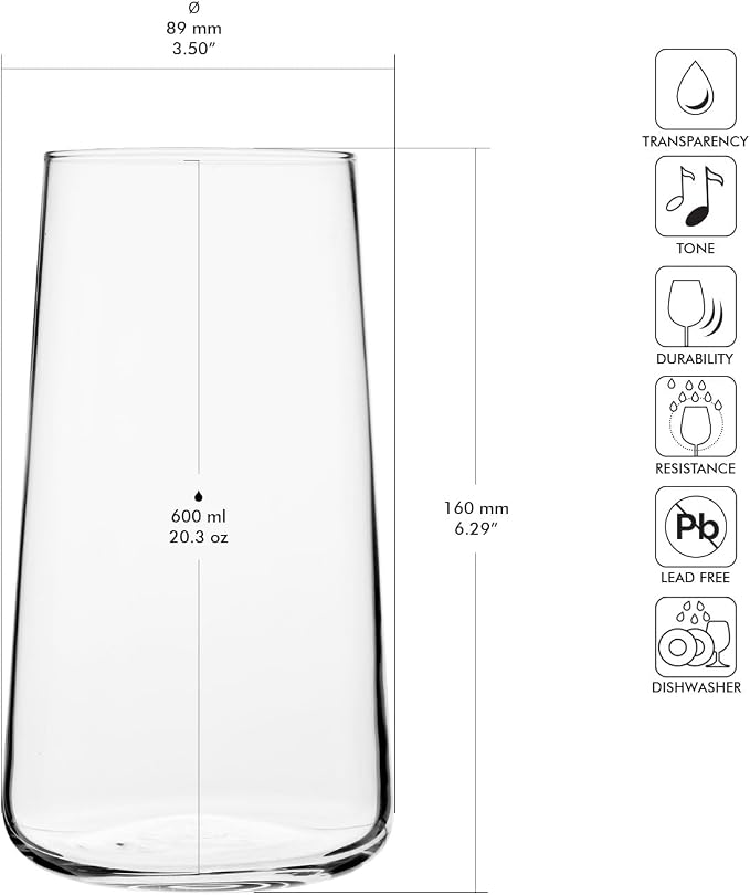 Krosno Water Glasses Set of 4, 20.3 oz, Infinity Collection | Highball Drinking Glasses, Lead-Free Crystal Glassware, Tapered Juice Glasses, Water Coctails Glass Set, Dishwasher Safe