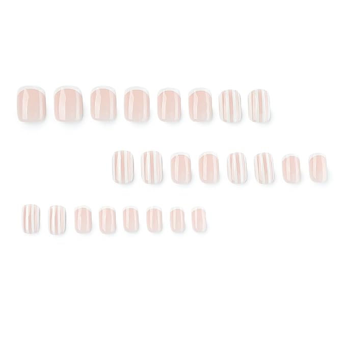 Short Square Fake Nails French Press on Nails with White Stripe Designs | Nude Full Cover False Nails Acrylic Nails Press Ons Glossy Stick On Nail Reusable Glue On Nail For Women 24Pcs