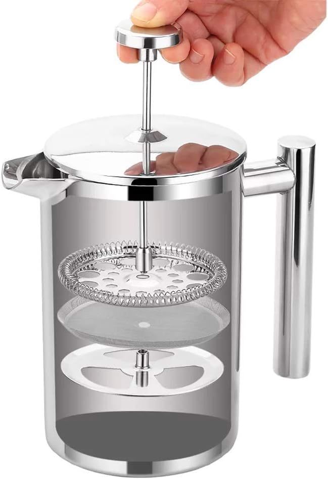 Small Stainless Steel French Press, 12oz Dual-Filter Coffee Plunger Pot Brewer and Maker for Individual Serving, Silver