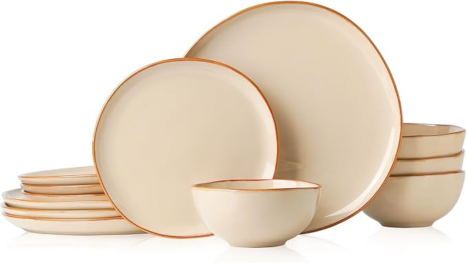Stoneware Dinnerware Sets for 4, Reactive Glaze Plates and Bowls, Blue | 12-Piece Handcrafted Rustic Porcelain Dishes Set, Highly Scratch Resistant, Dishwasher & Microwave Safe