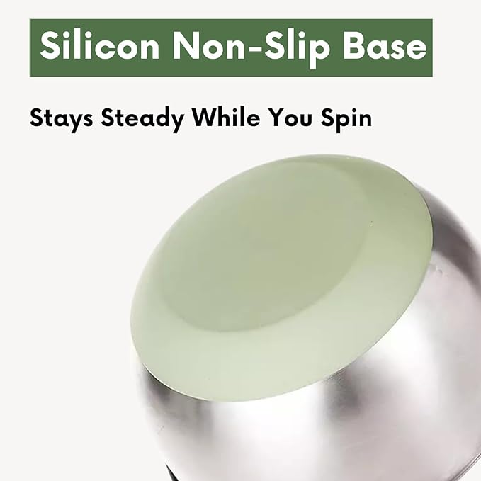 Stainless Steel Salad Spinner with Storage Lid, 5.3Qt, | BPA-Free, 5-in-1 lettuce spinner with non-slip base, dishwasher safe, 5 slicer blades, egg yolk separator, Stop Button