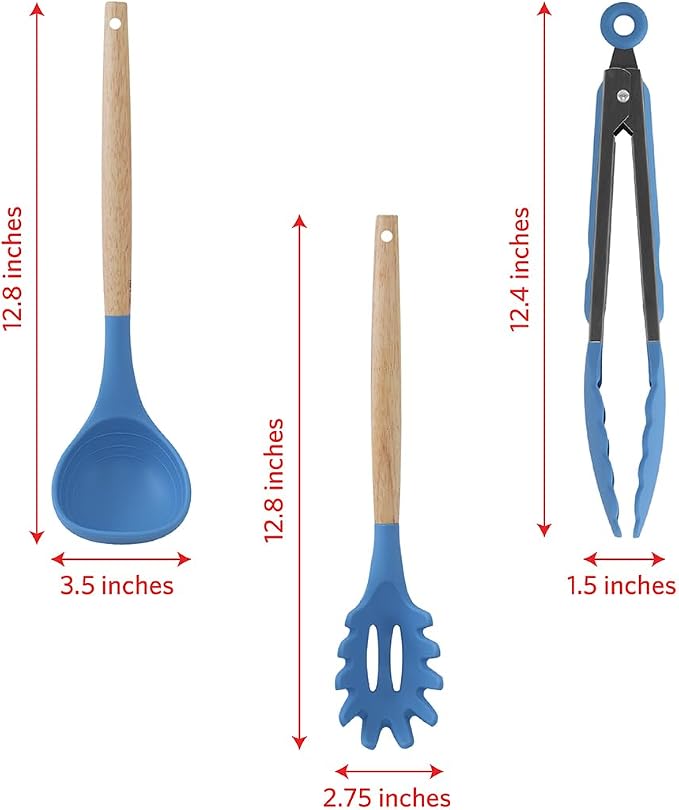 Glad Silicone Kitchen Utensils Set, 8pcs - Nonstick Cooking Tools with Wooden Handles and Utensil Holder - Spatula Set with Turner, Ladle, Spoons, Tongs, and Spaghetti Server - Blue