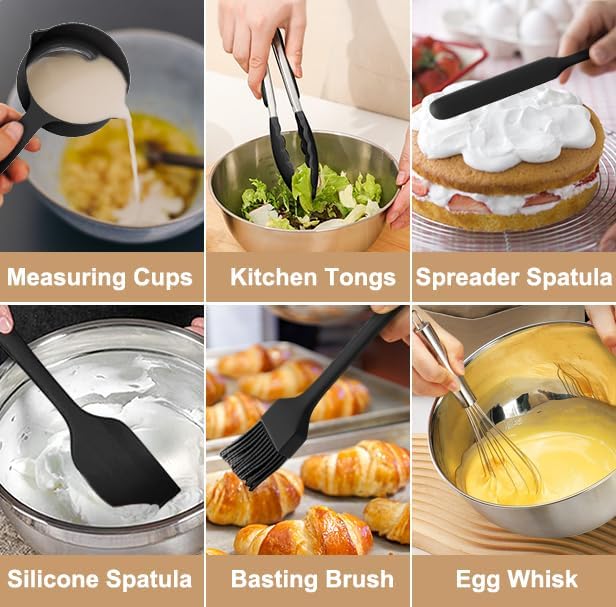 Wildone Mixing Bowls with Airtight Lids, Stainless Steel Nesting Bowls Set | Metal Bowls with 3 Grater Attachments, Non-Slip Bottom, Size 5, 4, 3, 2, 1.5, 1, 0.63QT, Include Utensil Set for Prep, Black