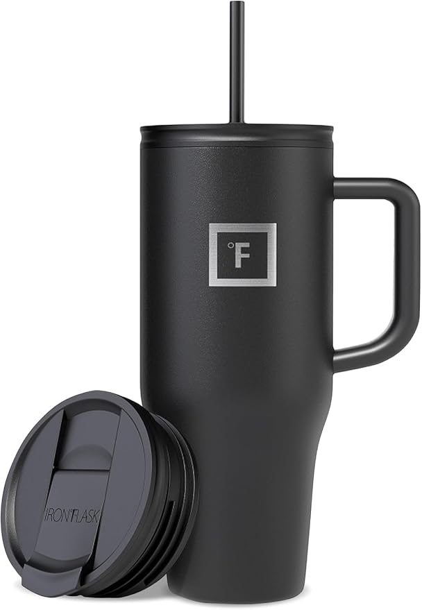 IRON °FLASK 32 oz Co-Pilot Insulated Travel Mug | Insulated Travel Mug with Straw & Flip Cap Lids - Cup Holder Fit, Leakproof, BPA Free (Midnight Black)