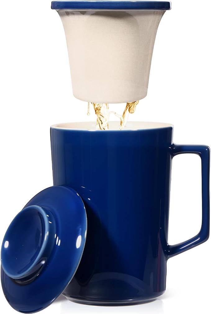 15 OZ Porcelain Tea Infuser Cup with Lid,Ceramic Tea Mug with All-Porcelain Strainer for Loose Leaf Teas,Microwave and Dishwasher Safe Tea Mug,Metal-Free,BPA-Free for Tea Lovers (Navy Blue)