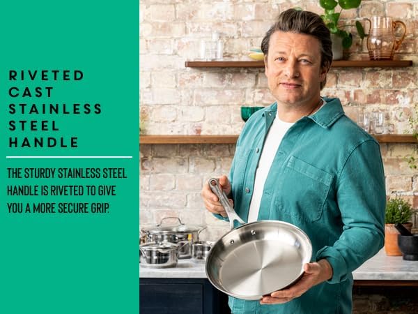 T-Fal Jamie Oliver Cooks Smart Stainless Steel Skillet Frying Pan, 9.5 in | Stainless steel interior, Induction compatible, Oven safe to 500°F, Dishwasher safe, 90% recycled steel body