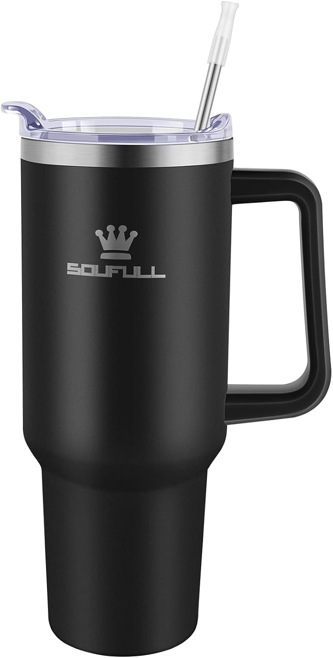 Soufull 40 oz Tumbler with Handle and Straw Lid, 100% Leak-proof, Black | Stainless Steel Insulated Travel Coffee Cup, Keeps Cold 34Hrs or Hot 10Hrs, Dishwasher Safe