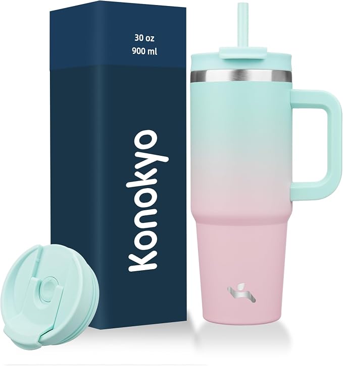 Konokyo 30 oz Insulated Tumbler Water Bottle with Handle, Straw Lid | BPA-free and dishwasher safe; made for gym, travel, coffee and gifting, 2 straws, cup holder friendly,Gum
