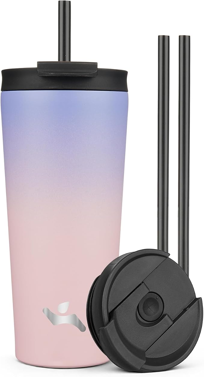 Konokyo 22 oz Insulated Tumbler Water Bottle with Straw Lid, Pastel Sunset | Stainless steel insulated tumbler for coffee, water and iced drinks; spill-proof lid, 2 straws, cup-holder friendly