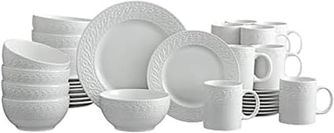 Pfaltzgraff Sylvia Dinnerware Set 32-Piece Service for 8 - White Porcelain Dinner Plates, Salad Plates, Soup Bowls and Mugs with Embossed Scrollwork