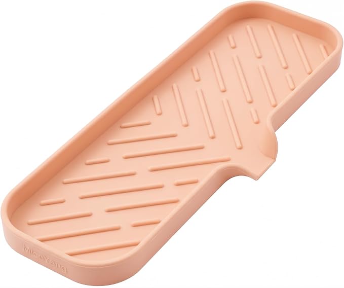 MicoYang Silicone Soap Dish with Drain Spout — Self-Draining Double Sink Organizer Tray for Kitchen & Bathroom, Dispensers, Sponges & Soap Holder, Non-Slip & Dishwasher Safe, Pink (Large, 12"×4")
