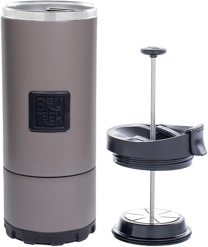 BruTrek | OVRLNDR Travel French Press | 24 fl.oz Drinkable Lid | Grey | Double Wall Insulated, Patented Removable Bottom, Locking No Spill Lid, On The Go Coffee Brewing (Storm Gray)