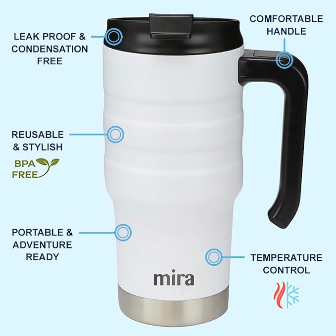 MIRA 20 oz Insulated Travel Mug - Stainless Steel Coffee Cup with Spill-Proof Flip Lid & Handle - Hot/Cold Car Tumbler - White