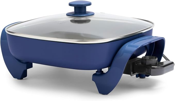 GreenLife 12" 5QT Electric Skillet, Blue | PFAS-Free Ceramic Nonstick Coated Interior, Glass Vented Lid, Temperature Control, Dishwasher Safe, Pancakes, Eggs, Bacon