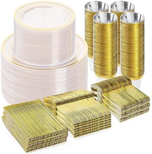 BESTVIP 600PCS Clear Gold Dinnerware Set for 100 Guests, | for Party and New Year, 100 Disposable Plates, 100 Dessert Plates, 100 Cups, 100 Spoons, 100 Forks and 100 Knives