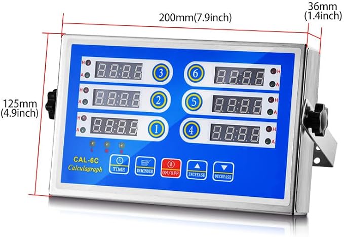 6-Channel Commercial Kitchen Timer, Professional LED Digital Timer for Cooking, Loud Alarm Volume +/-, Heavy Duty Stainless Steel Large Timers with Waterproof Panel & Memory Function