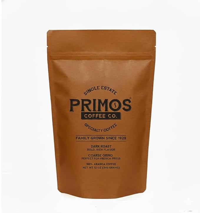 Primos French Press Coffee - Dark Roast Arabica - Coarse Grind | Coarsely ground for balanced extraction; bold, low acid, fruit & cacao notes; from our Nicaraguan farm & Texas roastery