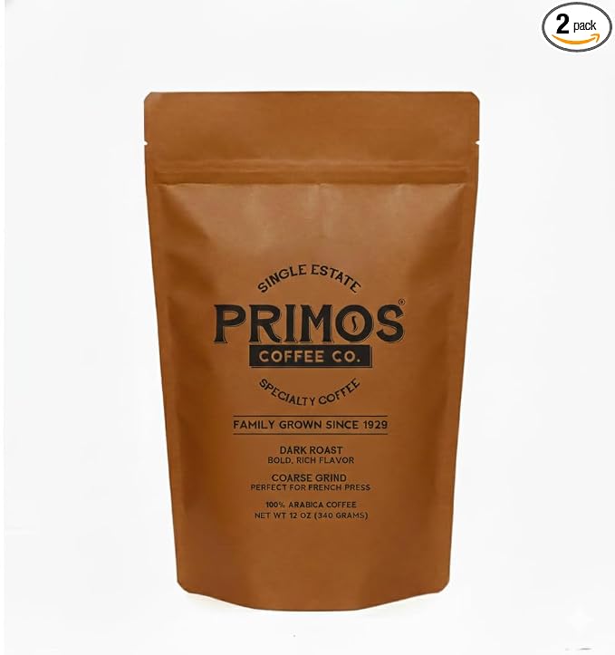 Primos French Press Coffee - Dark Roast Arabica - Coarse Grind - 2 Bags | Coarsely ground for balanced extraction; bold, low acid, fruit & cacao notes; from our Nicaraguan farm & Texas roastery