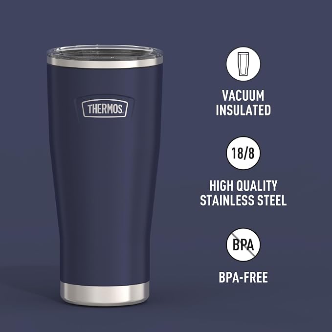 THERMOS Icon Series 24oz Stainless Steel Tumbler with Slide Lock Lid, Leakproof, Fits Cupholder, Dishwasher Safe, Griptec™ Non‑Slip Base, Keeps Drinks Hot 6 Hrs/Cold 22 Hrs, Mystic Navy