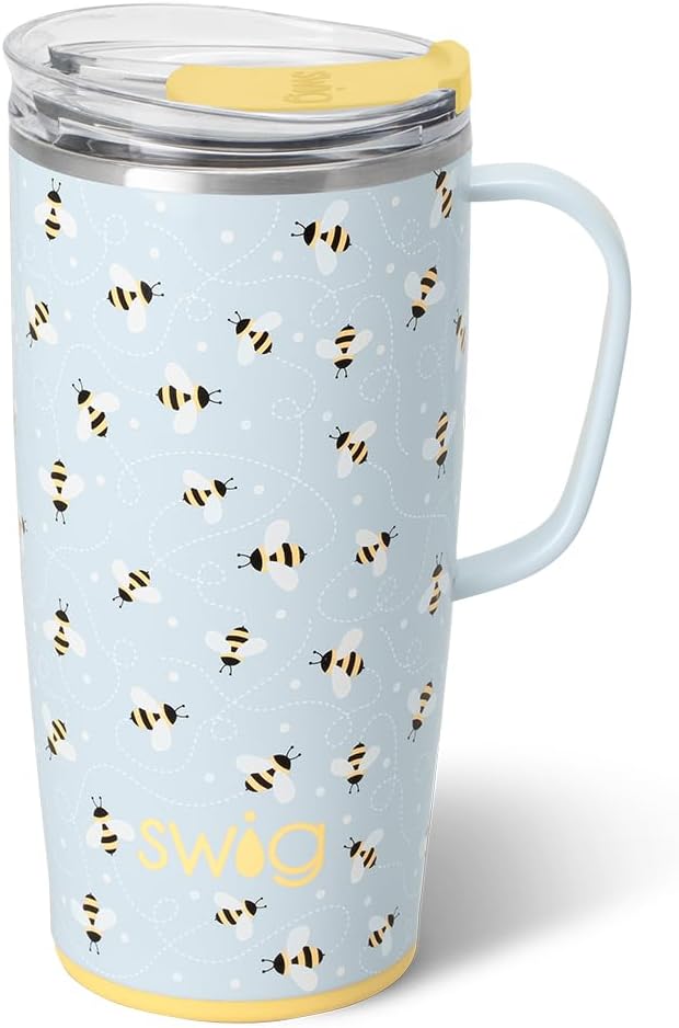Swig Life 22oz Insulated Travel Mug with Handle & Lid, Busy Bee | Triple Insulated Stainless Steel - Handle & Lid Included - Keeps Coffee Hot or Cold - Cup Holder Friendly