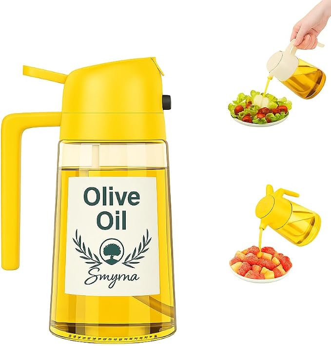 Glass Olive Oil Sprayer 16oz/470ml – 2-in-1 Oil Dispenser & Spray Bottle for Cooking, Portion Control, Salad, Air Fryer, BBQ – Leak-Proof, Fine Mist Bottle with 6 Decorative Labels (Yellow)