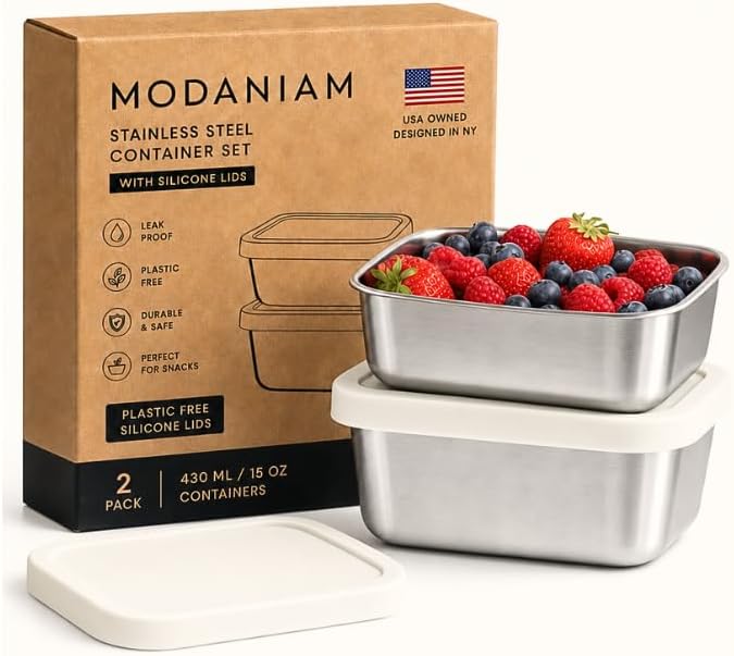 Flexibento - Stainless Steel Snack Container Set with Silicone Lids - 2 pack 14 OZ each