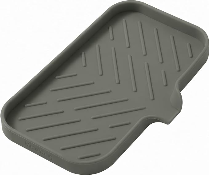 MicoYang Silicone Soap Dish with Drain Spout — Self-Draining Sink Organizer Tray for Bathroom & Kitchen, Sponges, Dispensers & Soap Holder, Non-Slip & Dishwasher Safe, Grey (Medium, 9.6"×5.3")