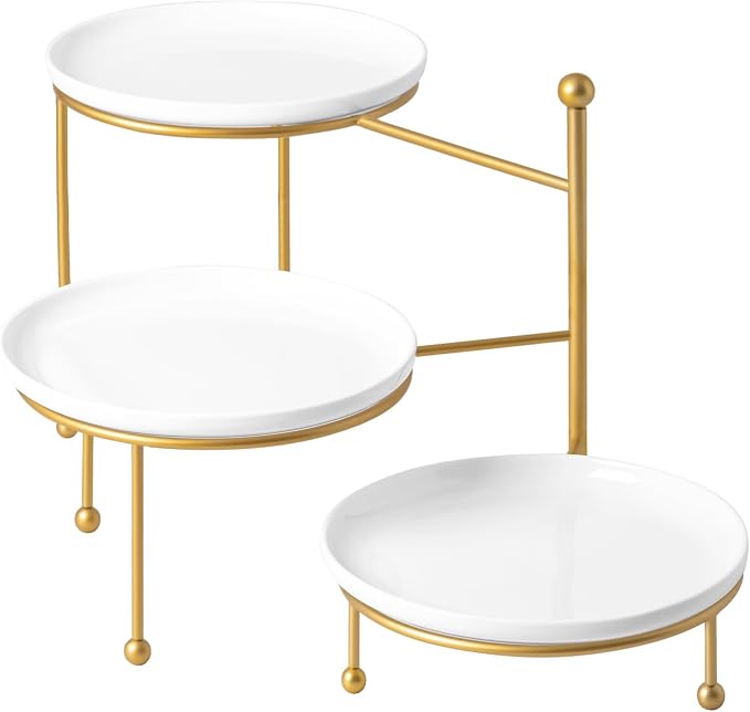 Kanwone 3 Tiered Serving Stand with White Porcelain Plates, 10.3" Round Tray, dessert table display set, Gold Metal Stand, Versatile & Durable