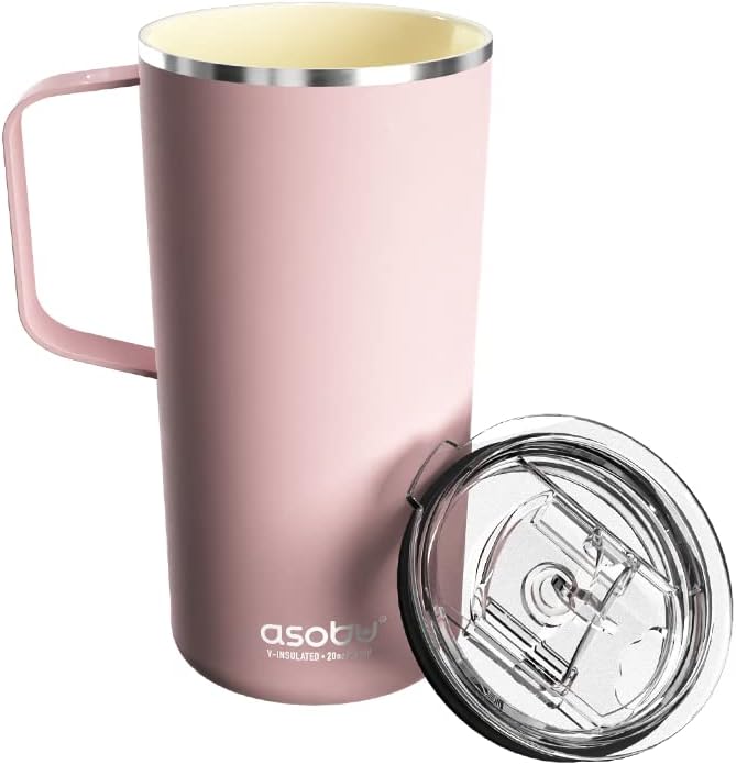 asobu Tower Mug Ceramic Inner Coated Insulated Stainless Steel Cup for Pure Tasting Coffee with Easy Hold Handle and Tritan Lid Fits Standard Cup Holders 20 Ounce Travel Mug Powdered Pink