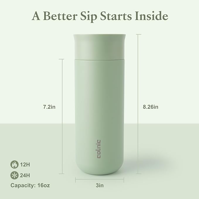 Ceramic Lined Travel Coffee Mug 360° Lid, 16 oz Insulated Coffee Tumbler | Leak Proof, Fits Cupholder, Stainless Steel Vacuum, Keep Hot and Cold, Women Gifts Cup, 360° Sip PUSH-BUTTON, Sage Green