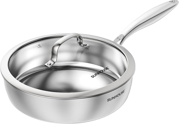 Sunhouse 4QT Stainless Steel Deep Sauté Frying Pan with Lid 11 Inch Skillet | Tri-Ply 18/10 Stainless Steel Deep Saute Pan, Dishwasher & Oven Safe up to 900°F, Induction Compatible with All Cooktops