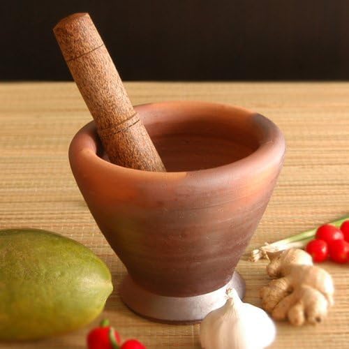 Thai & Laos Kruk Grinding Earthenware Clay Mortar with Palm Wooden Pestle, 6.75 Inches