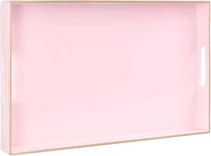 Pink Decorative Tray for Coffee Table, Serving Tray with Handles | Plastic Melamine Tray, Modern Ottoman Tray, Rectangular Countertop Organizer Tray for Living Room, 15.8"L x 10.2"W x 1.4"H
