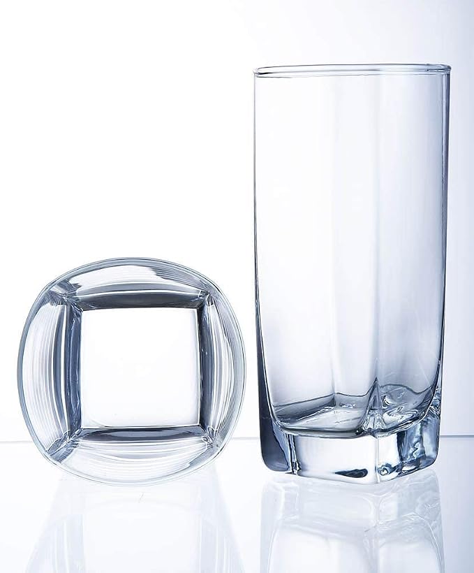 Le'raze Collins Everyday Drinking Glasses Set of 16 Drinkware Kitchen Glasses for Cocktail, Iced Coffee, Beer, Ice Tea, Wine, Whiskey, Water, 8 Tall Highball Glass Cups & 8 Short Old Fashioned.