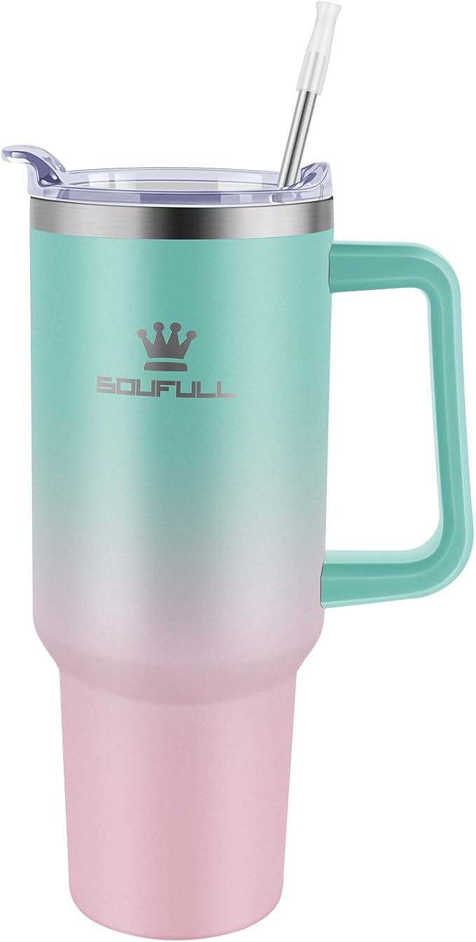Soufull 40 oz Tumbler with Handle and Straw Lid, 100% Leak-proof, GreenPink | Stainless Steel Insulated Travel Coffee Cup, Keeps Cold 34Hrs or Hot 10Hrs, Dishwasher Safe