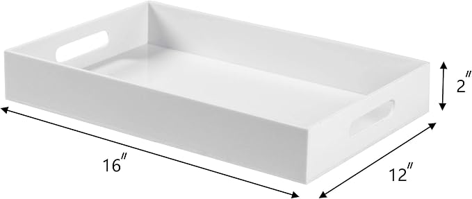 Sooyee Acrylic Serving Tray with Handles, 16" x 12", White | DecorativeTray, Plastic Tray For Breakfast, Tea, Food, Butler, Coffee Table, Ottoman, Vanity, Countertop