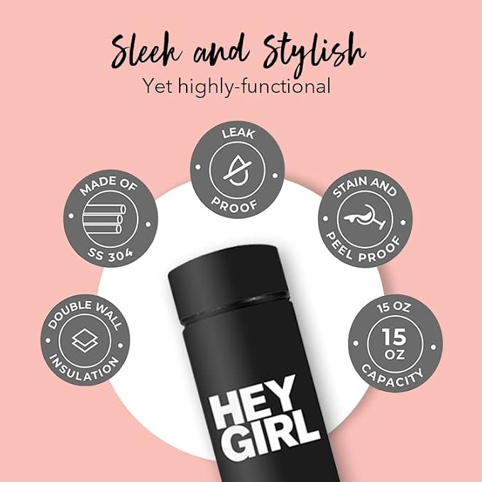Hey Girl Tea Infuser Bottle 450ml - Insulated Stainless Steel Water Bottle - Tea Tumbler with Tea Diffuser - Portable Travel Mug for Loose Leaf Tea & Infused Water - Tea Lovers Gifts for Women
