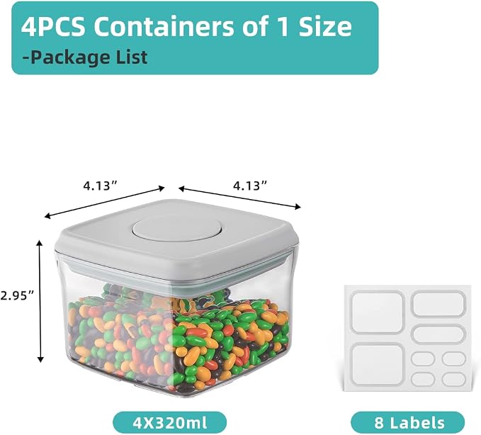 Airtight Container Set - (380ml 4 Pcs) Stackable One Button Openning Food Containers for Snacks Candy Salt Herbs Spices BPA-Free Tranparent (0.32 QT * 4)