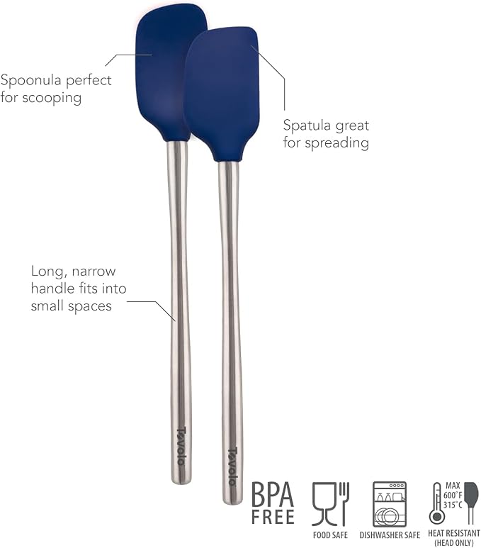 Tovolo Flex Core Silicone Spatula Spoonula Set of 2 for Non Stick Cast Iron Cooking & Baking, Dishwasher Safe Heat Resistant BPA Free Kitchen Utensil with Stainless Steel Handle, Deep Indigo