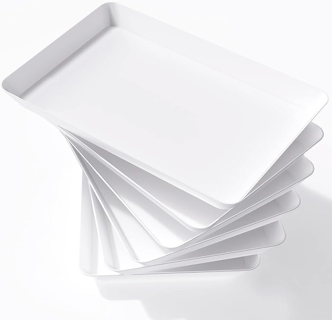 Lifewit 6 Pcs Large Serving Tray for Party, 15" x 10" Reusable Plastic Food Serving Platter for Dessert, Fruit, Cookies, Appetizers & Charcuterie, BPA-Free White Catering Trays for Buffets Display