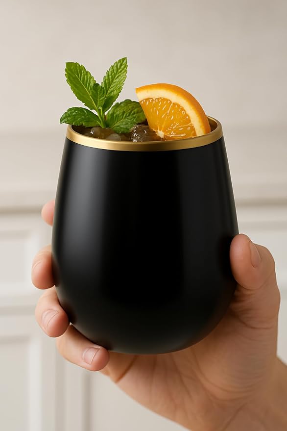 40 Pack Disposable Plastic Wine Glasses 12 oz Black Gold Rim Matte Cups | Stemless Cocktail Champagne Whiskey, Shatterproof BPA-Free Unbreakable Reusable, for Wedding Birthday Party Outdoor Events