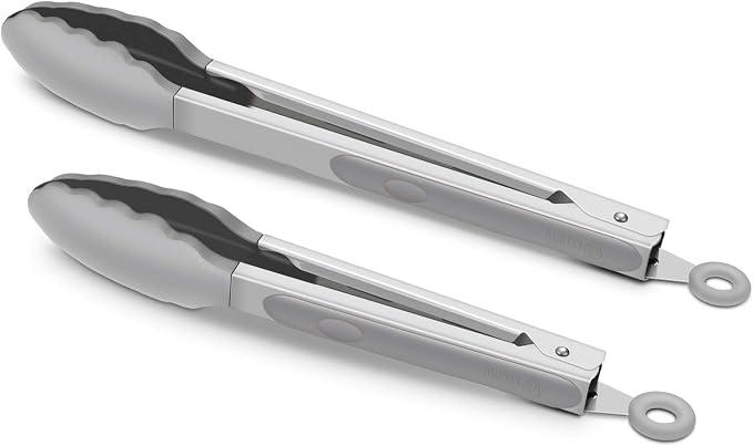 2 Pack Silicone Kitchen Tongs, 9 & 12 Inch, Stainless Steel, Grey | Heat Resistant to 500°F with BPA-free Silicone Tips, Locking Clip and Nonslip Handles for Nonstick Cookware and Grilling