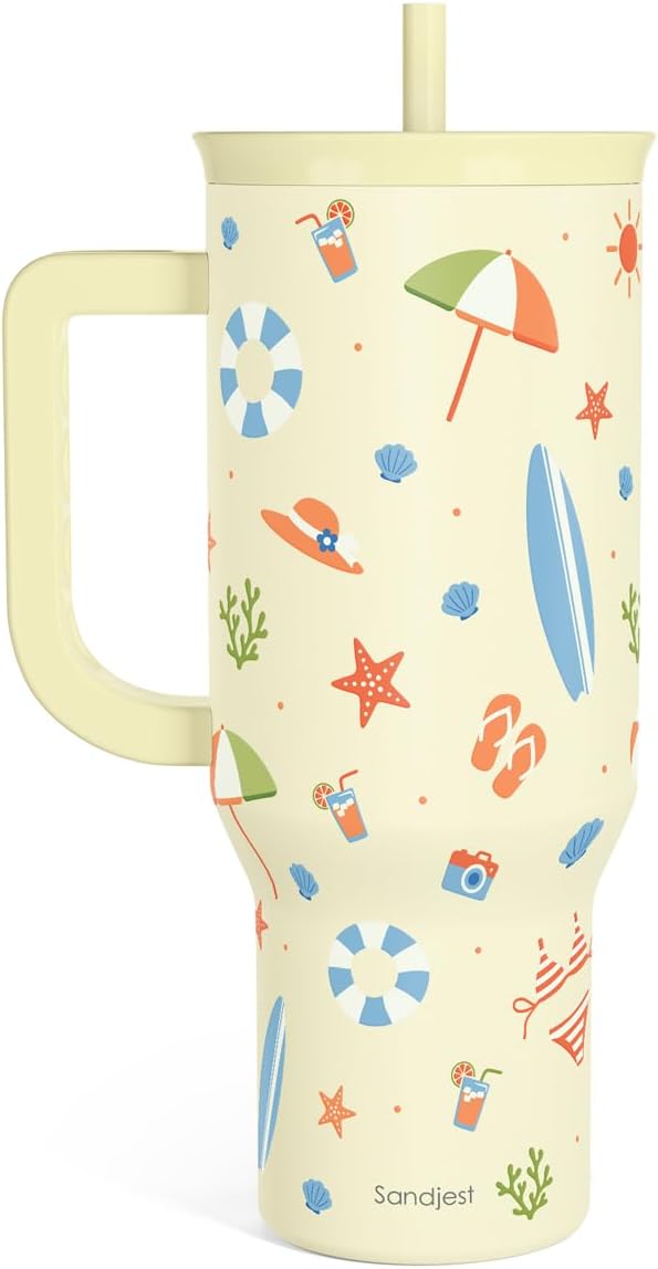 SANDJEST Beach 40oz Tumbler with Handle and Straw, Insulated Stainless Steel Travel Coffee Mug for Women Girls Beach Lovers, Gift Idea for Birthday Christmas Mothers Day Summer Vacation (Color)