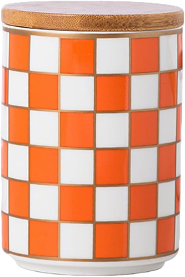 Kitchen Countertop Ceramic Checkered Canisters,Black And White Food Storage Containers With Lid,Airtight Kitchen Canisters for Flour, Sugar, Coffee, Tea, and Dry Goods (Orange, Small)