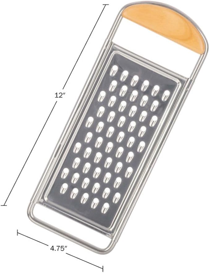 Kings County Tools Cheese Grater Handheld, Flat Food Grater, 12” x 4.5” | Stainless Steel Coarse Shredder Kitchen with Cherrywood Handle for Medium-Hard Cheese, Italian Made Kitchen Gadgets