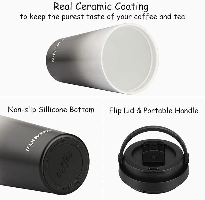 Funkrin Insulated Coffee Mug with Ceramic Coating, 16oz Iced Coffee Tumbler Cup with Flip Lid and Handle, Double Wall Vacuum Leak-Proof Travel Mug for Office School Party Camping