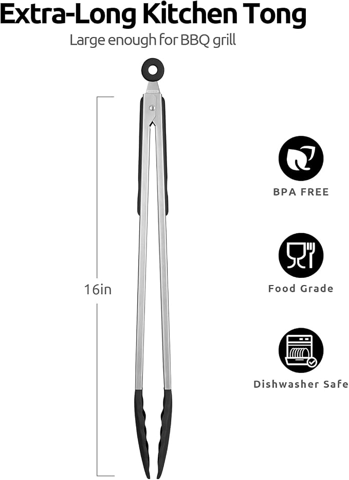 U-Taste Kitchen Tong for Cooking, 600ºF Heat-Resistant Silicone, 16in/Black | Extra Long BBQ Tongs, Large Tong for Grilling/Grabbing, Big Thong with Nonstick Silicone Tps & 18/8 Stainless Steel Handle